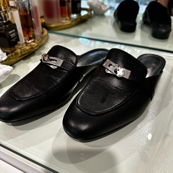 Hermes Black Leather Loafers with Silver Buckle